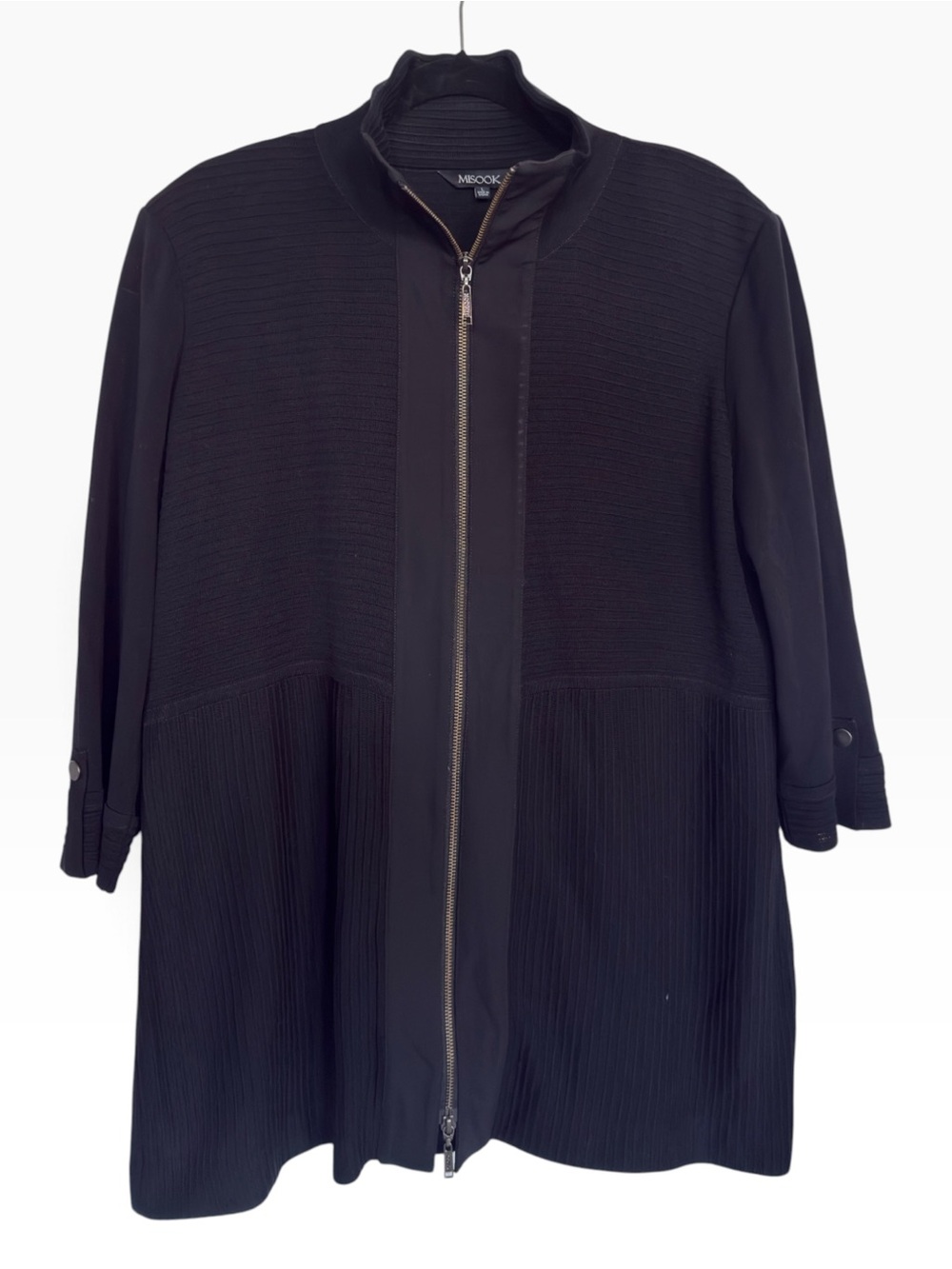 Misook Black Mixed Media Knit Zip Front Long Jacket Size L